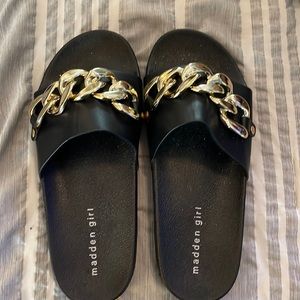 Madden Girl Black Sandals with Gold Chain, Size 8, Never Worn